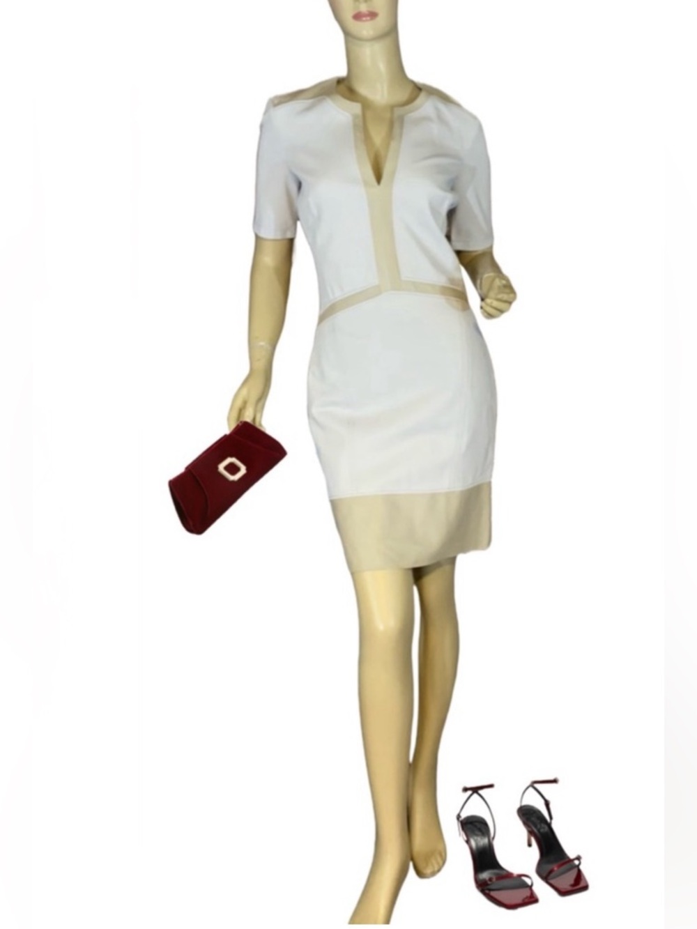 HELMUT LANG TAUPE MESH & TAN LAMBSKIN LEATHER TRIM SHEATH DRESS (2)